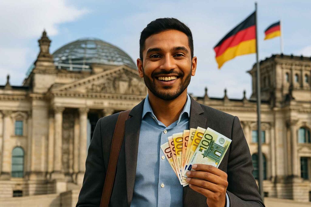 Homme souriant en costume tenant des billets en euros devant le bâtiment du parlement allemand, avec des drapeaux allemands en arrière-plan.